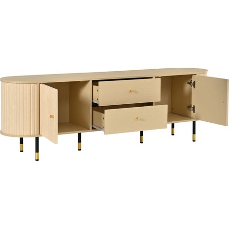 Meuble TV Lowboard 180x40x58 cm en bois clair avec 2 tiroirs et 2 portes coulissantes (1/5)