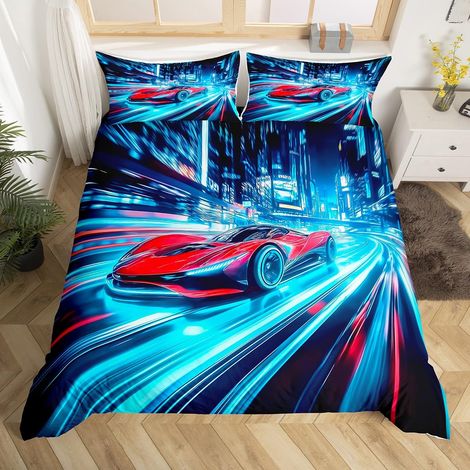 Parure de lit avec housse de couette 135 x 200 cm et 1 taie d'oreiller, motif voiture de course extrême, respirante, pour adolescent, garçon (1/5)