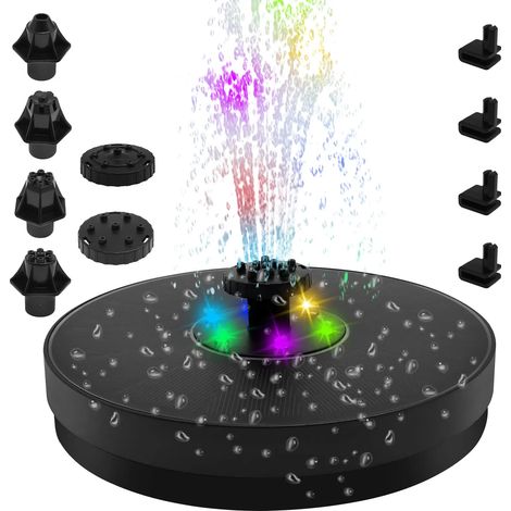 Fontaine solaire LED (noire) avec pompe, 7 buses, 3 W, pour bain d'oiseaux, bassin, étang, jardin extérieur, cascade. (1/5)