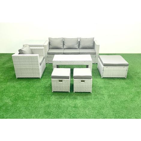 Fimous Polyrattan Gartensofa Set Couchtisch 3 Hockern Beistelltisch Hellgrau gemischt (1/5)