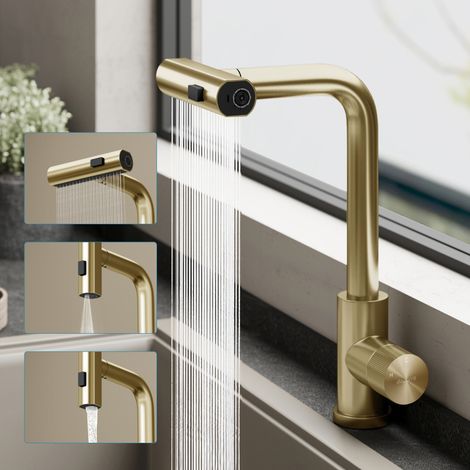 doporro Wasserfall Wasserhahn Küche Hochdruck mit 3 Strahlarten und Einhebel-Mischbatterie, ausziehbare Spültischarmatur aus 304 Edelstahl, 360° schwenkbar, rostfrei, Gebürstet gold,Turnix-02 (1/5)