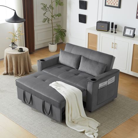 2-Sitzer-Schlafsofa aus Samt, multifunktionales Schlafsofa mit Schlaffunktion, klappbares Schlafsofa mit Getränkehalter und Kissen, für Wohnzimmer, Schlafzimmer, Heimkino, 137 x 76,5 x 83 cm, Grau