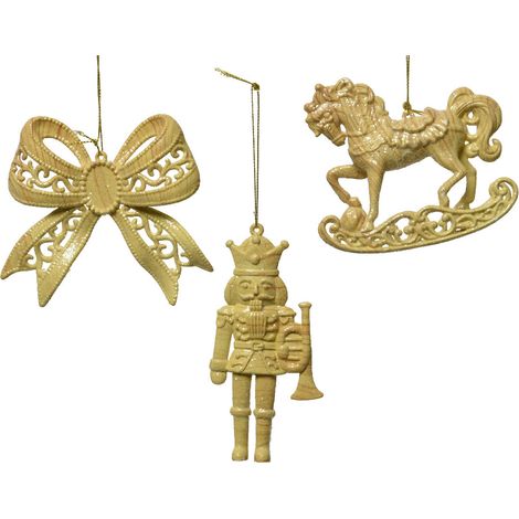 OFFERTA 3 DECORAZIONI FIOCCO/CAVALLO/SCHIACCIANOCI ORO12X1,5X1CM ASSORTITE