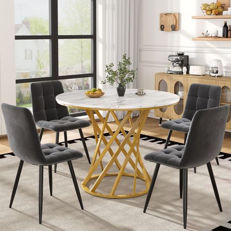 Ensemble table ronde 80cm (5 pièces) - MDF blanc/pieds doré + 4 chaises velours gris foncé - Moderne (1/5)