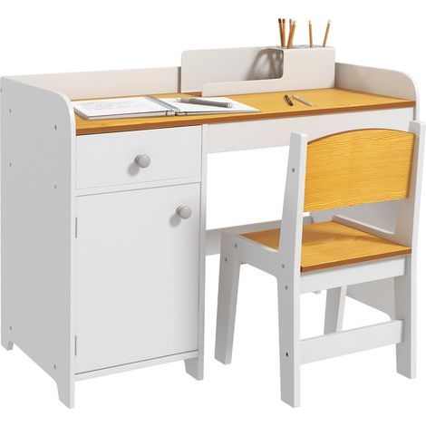 Table bureau enfant chaise scolaire 3-6 ans bois tiroir, blanc (1/5)