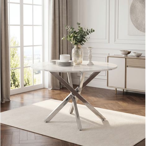 Mesa de comedor redonda 80 x 80 x 75 cm efecto mármol blanco y patas plateadas (1/5)