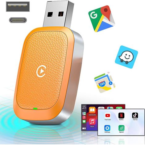 Adattatore Wireless CarPlay - Compatibile OTA Wireless Auto, USB/Type-C, MiNi-Stabile con Latenza Zero, Plug and Play, 5.0GHz,colore arancione