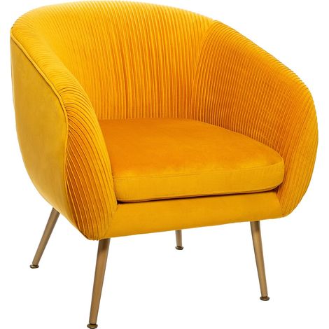 Atmosphera – Fauteuil relax en velours plissé jaune moutarde – Dimensions L. 74 x l. 70 x H. 78 cm – Structure en bois et fer – Tissu déhoussable