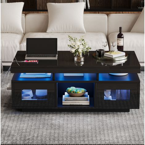 Couchtisch 100 x 50 x 43 cm mit RGB-LED, EU-Steckdose und USB-Anschluss, schwarz glänzend HAVRYA (1/5)