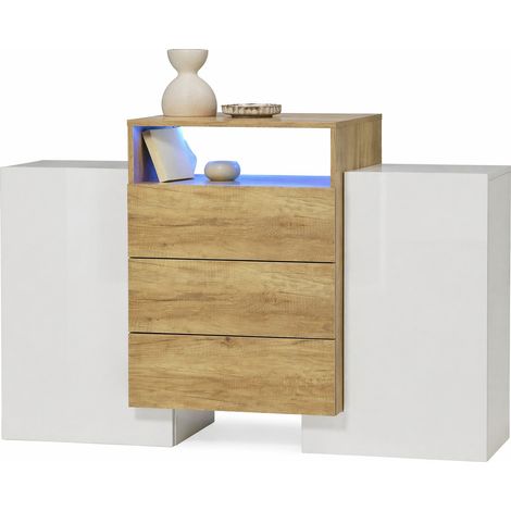 Buffet moderne 140 cm blanc brillant et bois avec LED multicolore, 2 portes, 3 tiroirs, 2 étagères et rangement décoratif pour salon - CHICFURN (1/5)
