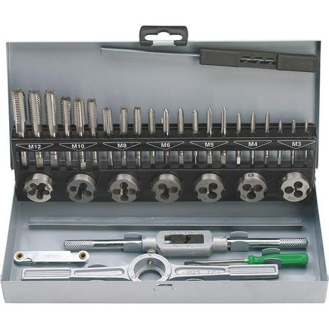 Set maschi e filiere hss 32 pz valigia m3-m12 Fervi m032