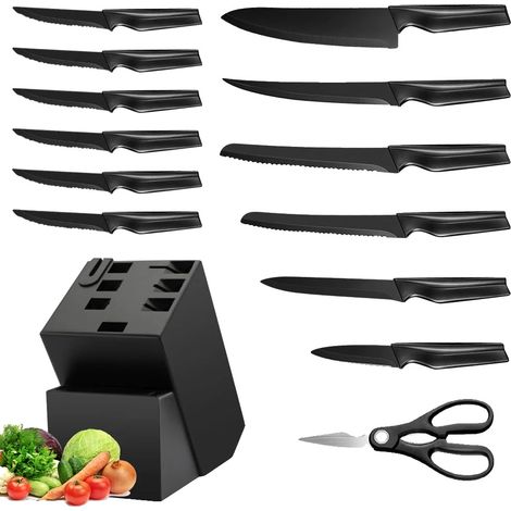 Juego de cuchillos de cocina, mangos ergonómicos, afilador incorporado, color negro. (1/2)