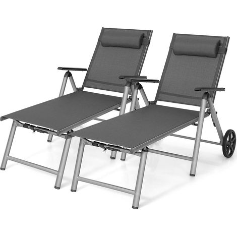 Lot de 2 chaises longues pliantes en aluminium gris avec dossier réglable 7 positions et roulettes pour jardin, terrasse et piscine (1/5)