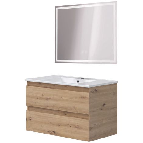 ONDEE ZEN - Meuble salle de bain à suspendre LILA - 80cm - 2 Tiroirs - Bois - Miroir LED LAURA (1/3)