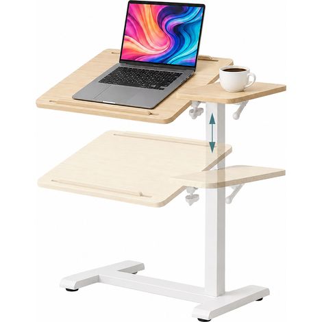 Relaxdays mesa elevable de pie 67,5-102 cm, inclinable, con ruedas integradas, para portátil, forma C, natural/blanco