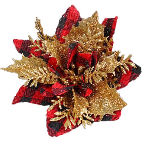 (10 par paquet) (1 pièce par paquet) (Motif à carreaux blancs et noirs) Fleur artificielle de Noël, décoration florale à carreaux pour sapin de Noël, accessoire de décoration florale à faire soi-même, (1/5)