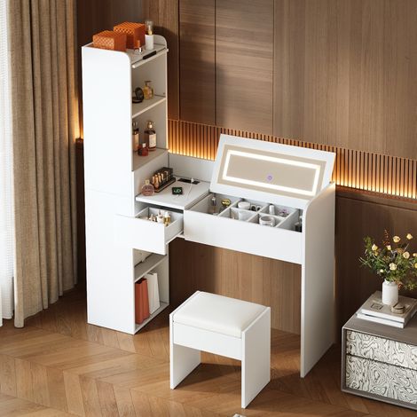 Coiffeuse blanche avec miroir LED rabattable, port USB, armoire latérale et tabouret (1/5)