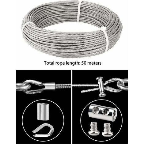 Cable Inox 3mm,50M/3mm Corde en Acier Inoxydable,Cable en Acier Revêtu avec Serre-Câbles,M3 Manchons,Cosses en Acier Inoxydable,3mm Cable Métallique pour Fil a linge,Cable de Garde C (1/3)