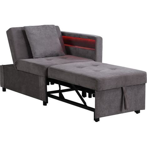 Sofá Cama Convertible 1 Plaza 3 en 1 con Respaldo Ajustable 5 Posiciones, LED y USB Tipo-C, en Lino Gris Oscuro (1/5)