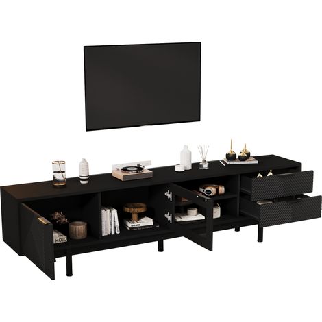 TV-Lowboard mit 2 Türen und 2 Schubladen, 2 Halb-Offenen Fächern, Moderner Stil, 200×40×50,5 cm, aus Spanplatte, Schwarz (1/5)