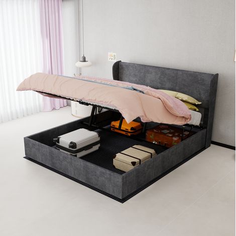 Cama con arcón 160x200 cm de tejido y metal gris, base elevable para dormitorio – MEUBLIV (1/5)
