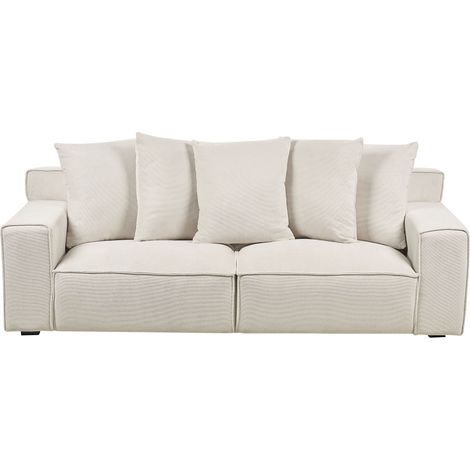 Canapé 3 Places Moderne en Tissu Chenille avec Coussins Blanc Cassé Pieds en Bois d'Eucalyptus Viskan