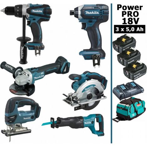 Pack Makita Power PRO 6 outils 18V: DDF458 + DGA504 + DTD152 + DJV180 + DSS610 + DJR186 + 3 batt 5Ah + sac (1/5)