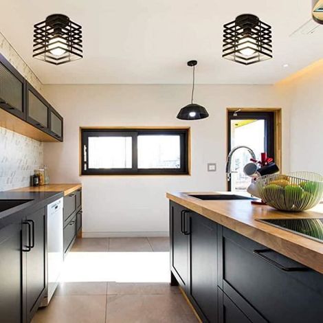 Plafonnier Cage - Suspension Industrielle en Fer - Pour Chambre Cuisine Couloir - Noir - 1 Pièce (1/4)