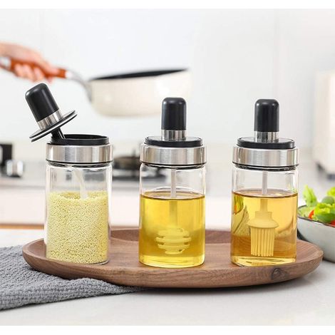 Hermétique Verre borosilicate Assaisonnement Bocal avec Couvercle et étendre la cuillère Pinceau et louche Bocaux d'épices Bocal à condiments (1/4)