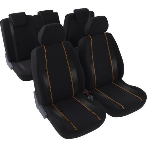 Jeu complet de housses de sièges - Universelles - Voiture/Auto - Lavable - Avant / Arrière 2/3-1/3 - Tissu noir avec surpiqure orange (1/2)