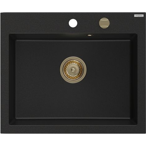 Mexen Elix évier en granit 1 bac 600 x 500 mm, noir, siphon doré - 6525601005-77-G (1/5)