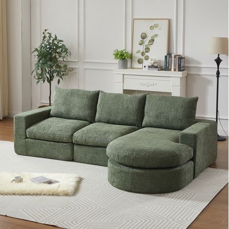 Canapé d'angle modulable 250x160x80 cm en tissu chenille vert, gain de place pour salon FloraGrace (1/5)