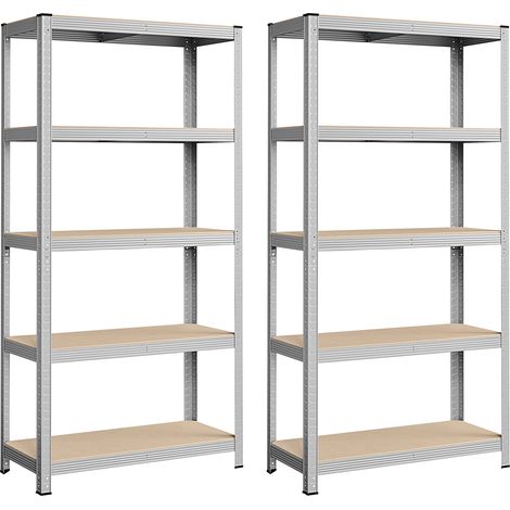 Lot de 2 Rayonnages 180 x 90 x 40cm - Charge lourde acier resistant clipsable avec MDF 5 Tablettes - Capacité de 875kg - Argent (1/5)