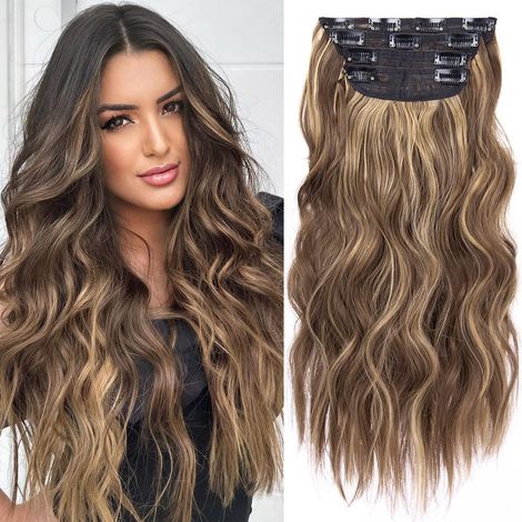 Extensiones de cabello de clip de 4 piezas, rubio claro mezclado con castaño claro, 50 cm de largo, onduladas, sintéticas. (1/5)