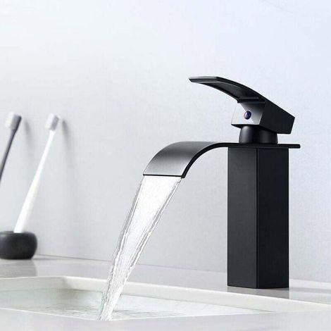 Grifo de lavabo tipo cascada negro - estilo moderno - apto para lavabos empotrados - cuerpo de aleación de zinc (1/4)