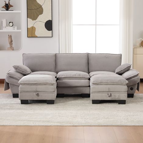 Divano modulare 3 posti in velluto a coste grigio chiaro con 2 pouf, USB-C e vano contenitore, 260x132x84 cm (1/5)