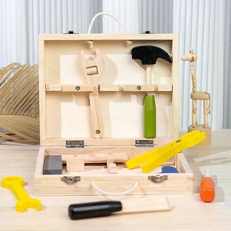 jouets équipés d'outils tels que scies, marteaux, équerres, clés, tournevis, etc. Boîte à outils en bois (1/4)
