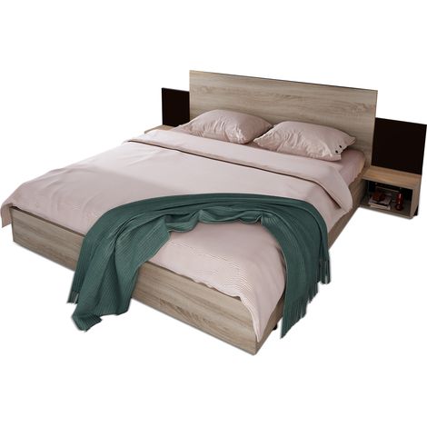 Gutent – Lit double en bois massif 160 x 200 cm – Finition chêne foncé – Tables de chevet intégrées – Support jusqu'à 180 kg - BOIS 160 X (1/5)