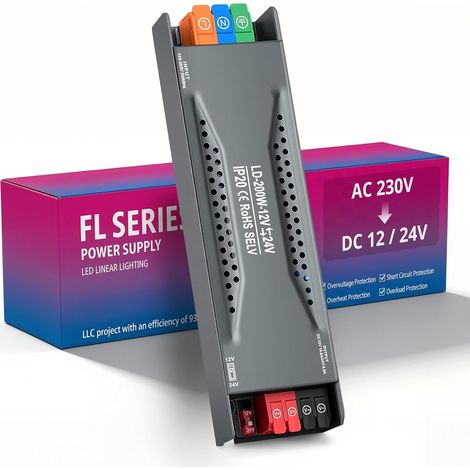 Transformateur AC 220v à DC 12V 16.6A / 24V 8.3A LED Driver 0-150W, Alimentation Transfo Boîtier Métallique Power Supply Transformer pour Salon Cuisine Spot Ruban G4 G9 Mr16 Sans Vissage (1/5)