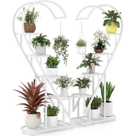 COSTWAY Support pour Plantes en Métal à 5 Niveaux, Étagère à Fleurs avec Crochet, Porte Plantes en Forme d'Échelle et de Demi-cœur, pour Salon, Balcon, 71 x 30,5 x 148 CM (Blanc) (1/5)