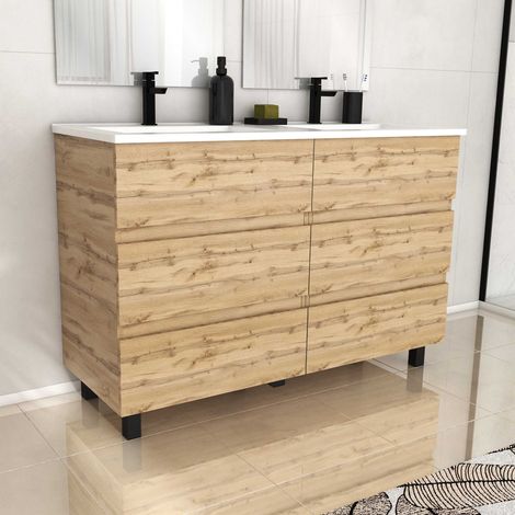 meuble de salle de bains 120cm 6 tiroirschêne naturel + vasque céramique blanche - timber 120