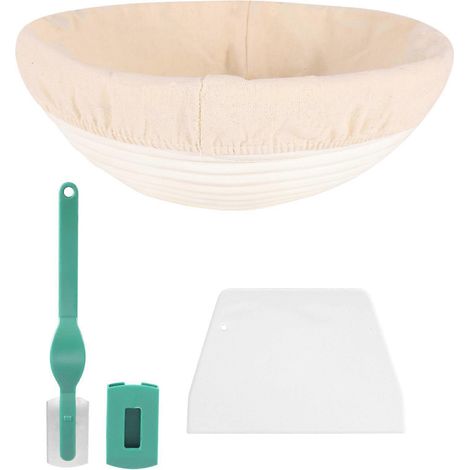 Panier de fermentation de 25 cm (10 pouces) - Banneton + doublure en tissu + racloir à pâte + lame à pain - Kit pour la fabrication de pain au levain, idéal pour les professionnels et les particuliers (1/4)