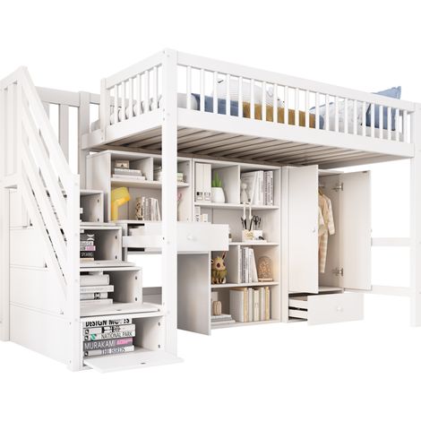 CHICFURN Litera infantil 90x200 cm blanca de madera y MDF con escritorio, sin colchón (1/5)