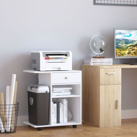 Armoire d'imprimante en bois avec 4 roulettes, étagère réglable et plateau pour unité centrale, blanche (1/5)