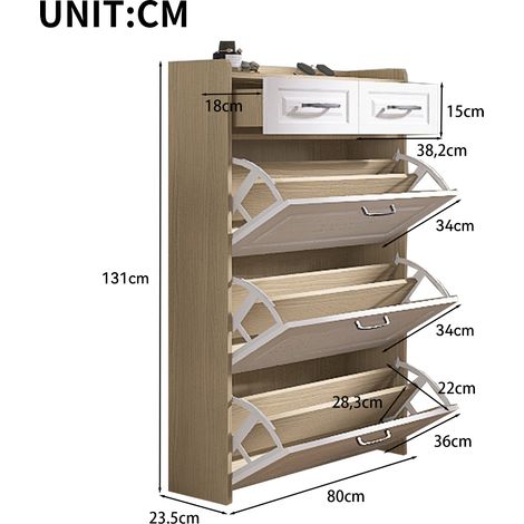 Commode tournante à chaussures en bois, 3 grands volets et 2 tiroirs, étagère de rangement, parfaite pour entrée et salon, dimensions L80 x P23.5 x H131 cm (1/5)