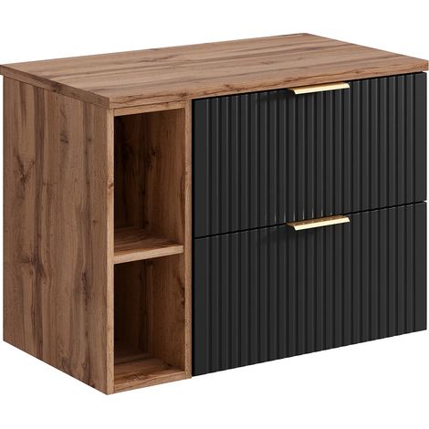 Meuble sous vasque suspendu strié avec niches - Noir et naturel clair - L80 cm - ZEVARA