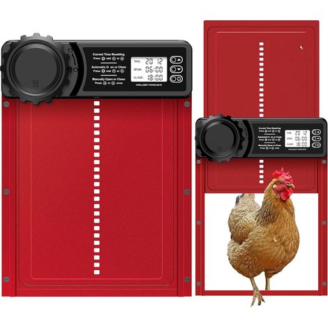 Porte Poulailler Automatique Batterie avec Écran LCD Programmable Étanche, Porte Automatique Poulailler en Aluminium avec Minuterie, Fonction Anti-pincement, Ouvre-Porte Vertical, Rouge (1/5)