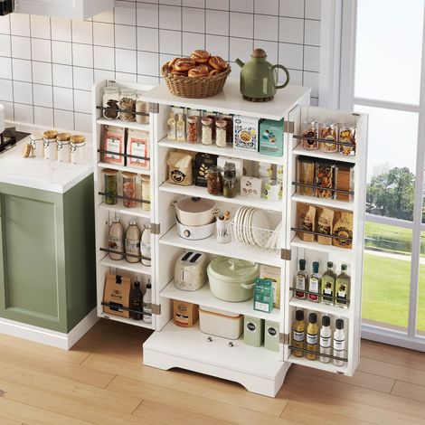 Armario alto de cocina con 2 Puertas, Estante Ajustable y Luz LED para Cocina y Comedor en MDF 120 x 40 x 60 cm Blanco (1/5)
