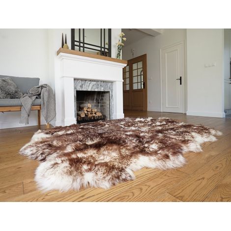 Tapis en peau de mouton véritable teinte mouflon, Sexto Hide, blanc et marron, 200 x 180 cm, revêtement de sol de luxe en laine naturelle (1/5)