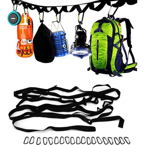 Étendoir à linge extérieur pour tente, étendoir pratique à 19 anneaux pour le camping multi-personnes, utilisé pour suspendre le matériel et les fournitures de camping. (1/5)